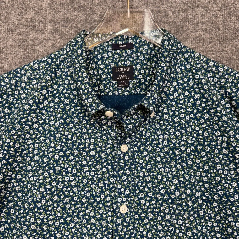 J Crew Flex Washed Shirt Mens XXL Teal Blue Floral Slim Fit Button Down BT240